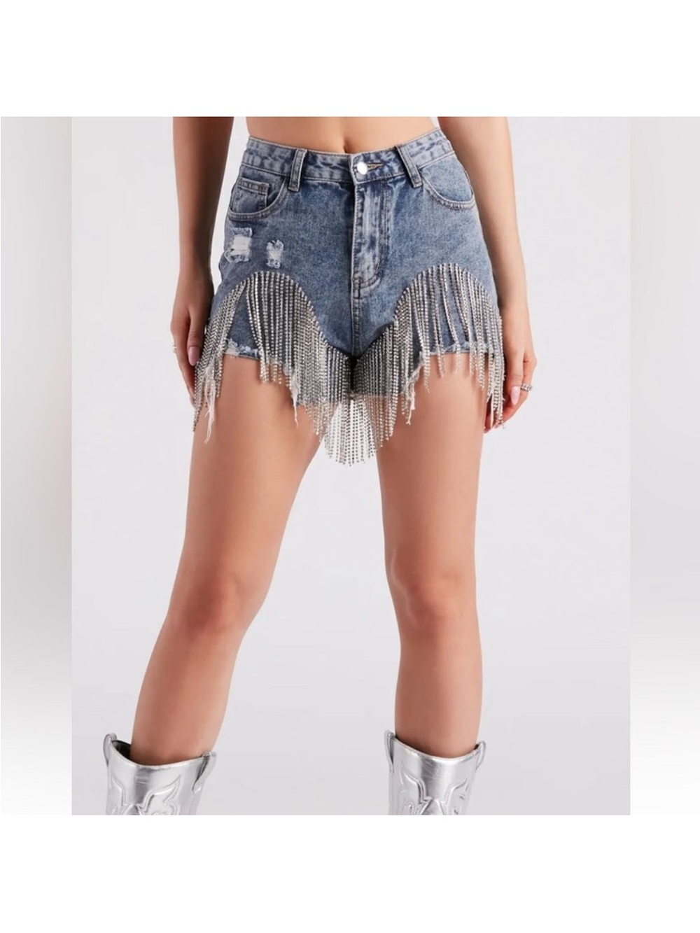 Windsor Blue Denim Shorts with Rhinestone Fringe